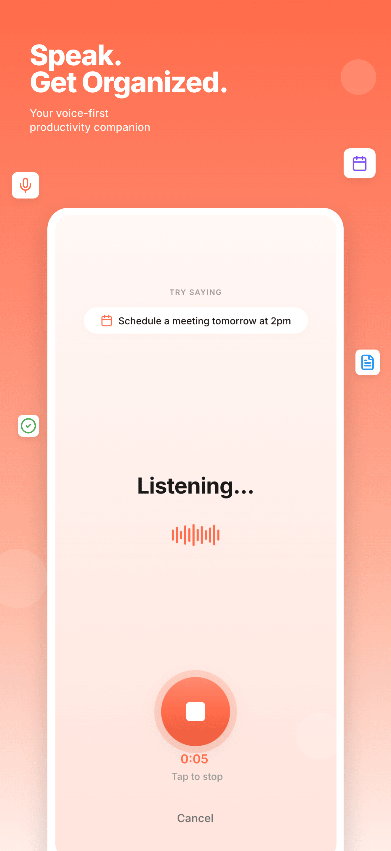 Voice listening interface with waveform animation and example command: Schedule a meeting tomorrow at 2pm