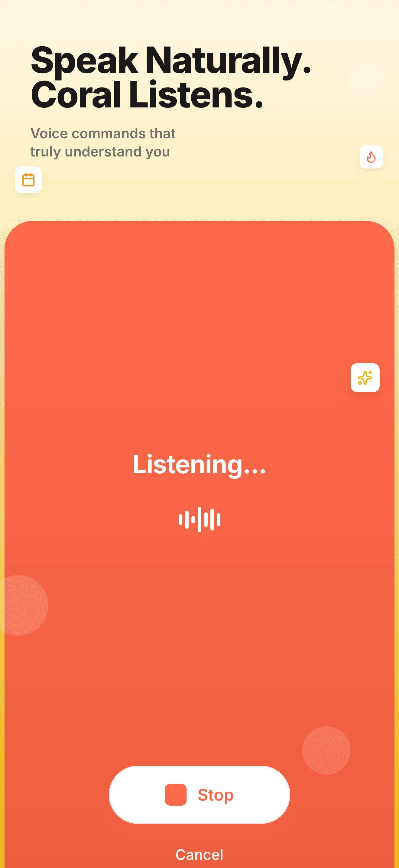 Voice listening interface with waveform animation and example command: Schedule a meeting tomorrow at 2pm