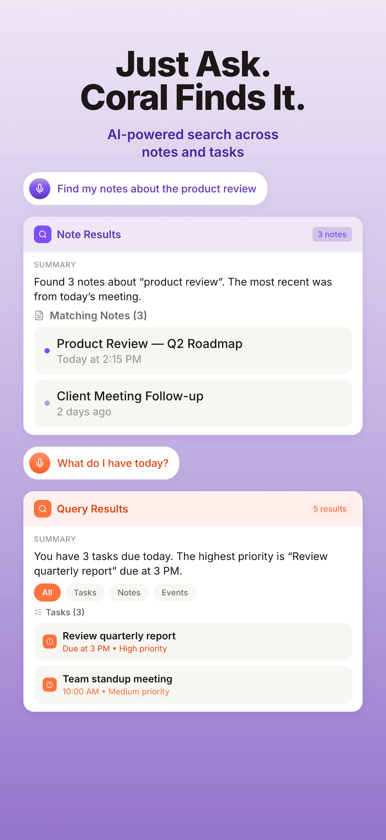 AI-powered note search showing query results for product launch notes with smart filtering by tags